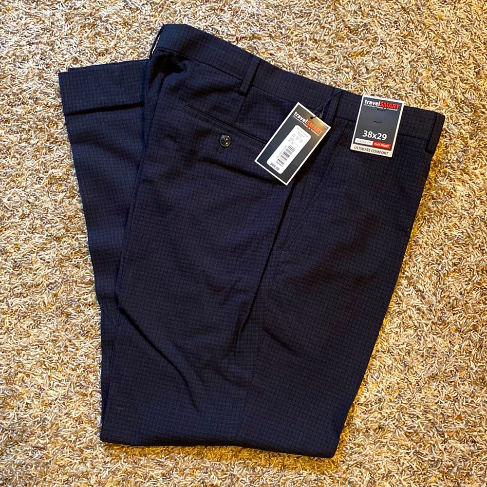 Travel Smart Men’s Pants - Black w/blue checker print 38x29